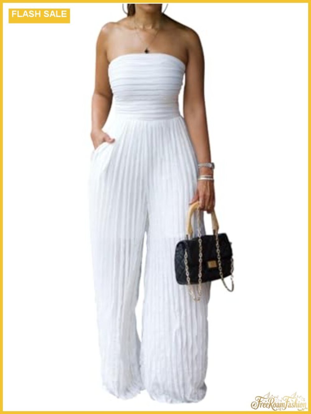 Strapless Backless Wide Leg Jumpsuit Women Sexy Pleated Long Pants